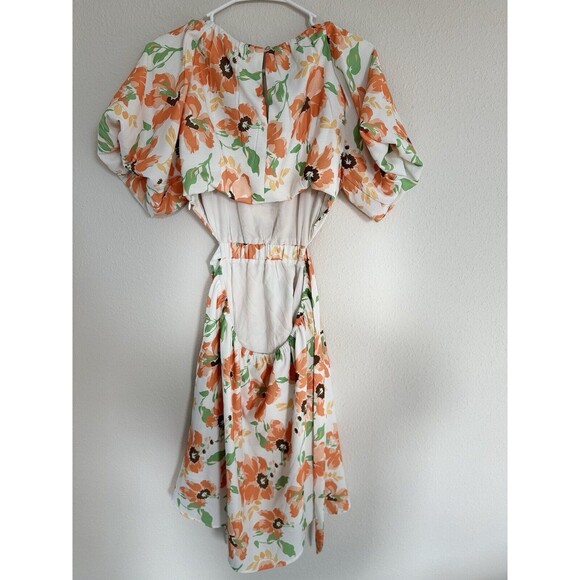 Harper And Me Cutout Back Puff Sleeve Orange Floral Midi Dress Tie Size 10 - Picture 2 of 6